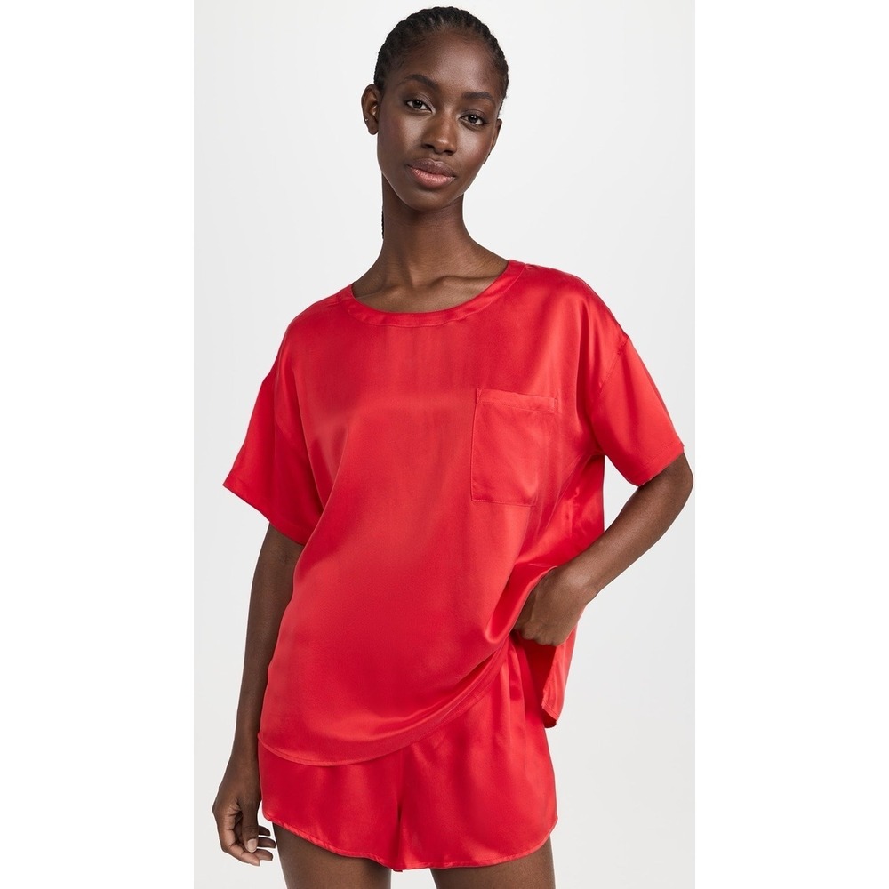 Lunya Washable Silk Pocket Sleep Shirt Oversized Lightweight Size M Carmine Red